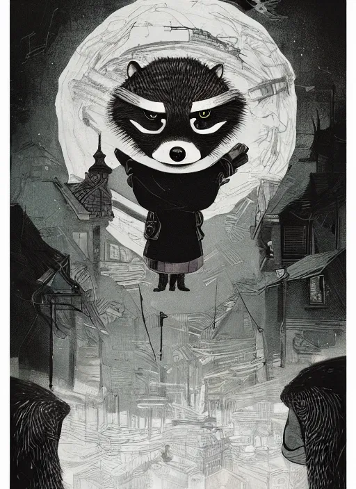 Image similar to a dramatic illustration portrait of an anthropomorphic raccoon mob boss, by victo ngai, by stephen gammell, by george ault, in the style of animal crossing, artstation