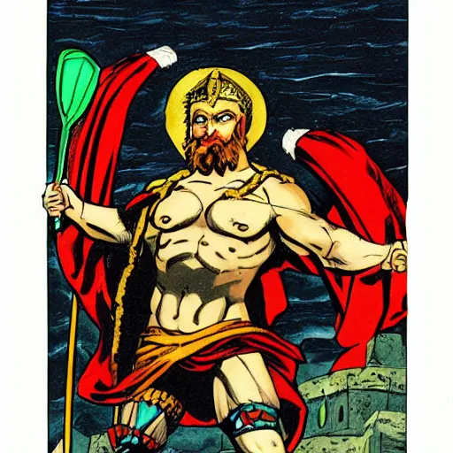 Image similar to a comic book painting of zeus the conquerer