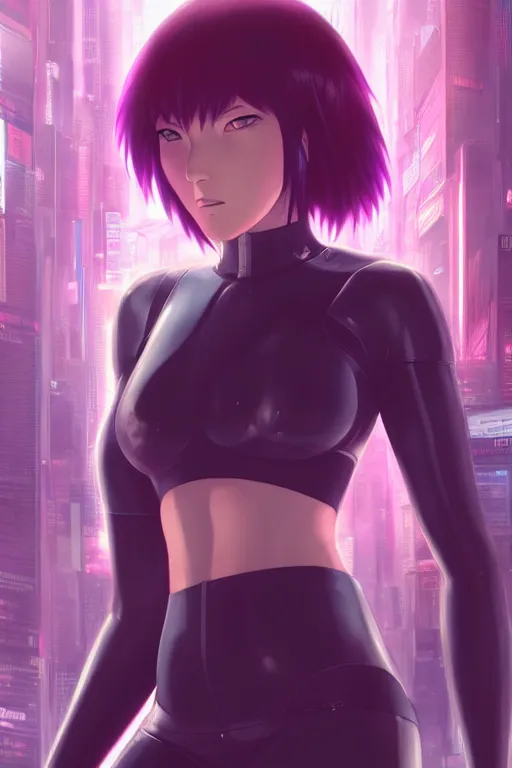 Image similar to a still fullbody portrait of motoko kusanagi ghost in the shell, finely detailed features, closeup at the faces, perfect art, at a cyberpunk city, gapmoe yandere grimdark, trending on pixiv fanbox, by ilya kuvshinov, rossdraws, artgerm