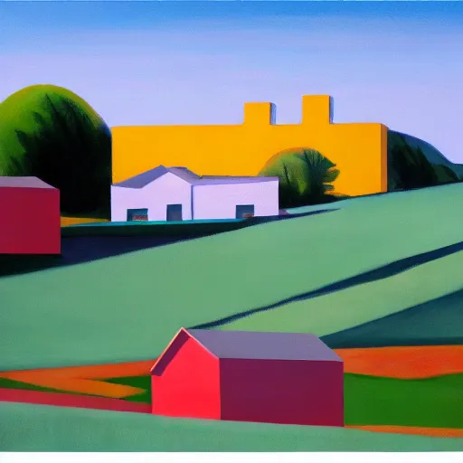 Image similar to dreaming futuristic rural landscape with modern houses, painted by Alex Katz and Edward Hopper, airbrush, highly detailed