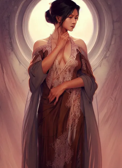 Image similar to cute brown woman wearing a transparent night gown and hanfu face veil, fantasy, intricate, highly detailed, digital painting, artstation, concept art, wallpaper, smooth, sharp focus, illustration, art by artgerm and greg rutkowski and alphonse mucha