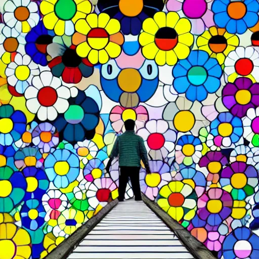 Image similar to man walking across bridge, bright colors, Takashi Murakami, Minimalist,