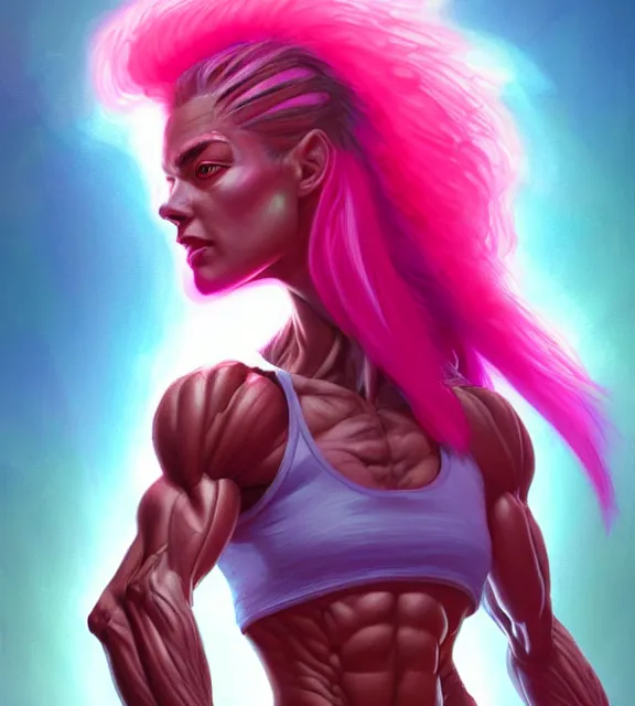 Prompt: muscular female alien, perfect face, hat, neon pink halter top, flowing hair, abs, cinematic, blush, stunning, athletic, strong, agile, highly detailed, psychedelic, digital painting, artstation, smooth, hard focus, illustration, art by jessica rossier and and brian froud