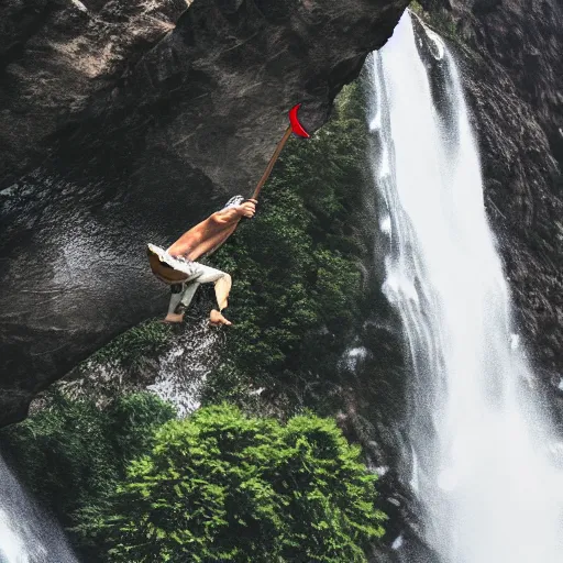 Image similar to man with sword jump of the cliff in front of the waterfall, dragons flying around, anime, realistic shot, nature, animal planet, superhero