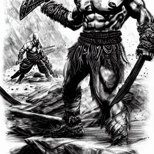 Image similar to god of war, kratos, fight scene still, manga, detailed drawing, featured on pixiv, gothic art, official art, by kentaro miura