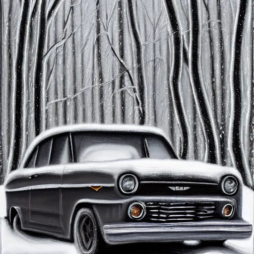 Image similar to rusty ford bel air in winter forest, grey scale, oil painting