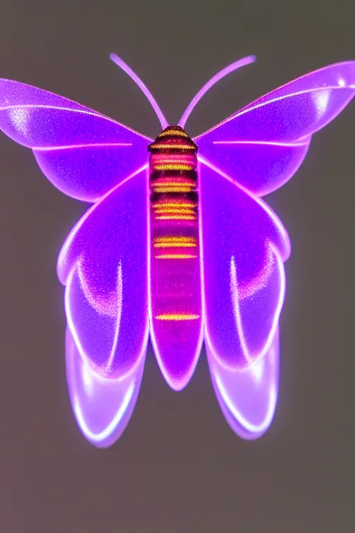 Image similar to high quality close-up photo pearlescent translucent moth! jeweled gorgeous! highly detailed david ligare elson peter cinematic purple neon lighting high quality low angle hd 8k sharp shallow depth of field