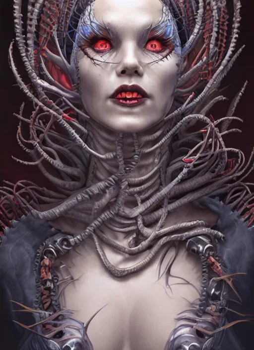 Prompt: a hyper detailed full face portrait of human transforming into the queen of blades, horror, sideshow figurines, diablo 4 lilith, by yusuke murata, by hiroya oku, by dorian cleavenger, by tom bagshaw, by zdzisław beksinski, trending on artstation