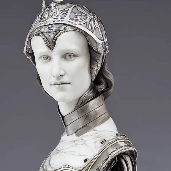 Image similar to a white art nouveau marble and silver sculptural bust of alicia vikander as joan of arc, wearing plate armor, delicate, intricate, smooth, beautiful, by charles van der stappen