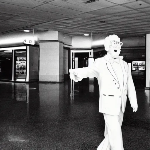 Image similar to A creepy photo of Colonel Sanders chasing you in an empty shopping mall from the 1980s, disposable film