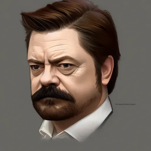 Image similar to portrait of ron swanson, headshot, pale skin, 4k, rule of thirds, extreme detail, detailed drawing, trending artstation, hd, fantasy, D&D, realistic lighting, by Alphonse Mucha, Greg Rutkowski, sharp focus, backlit, bright white hair, elegant