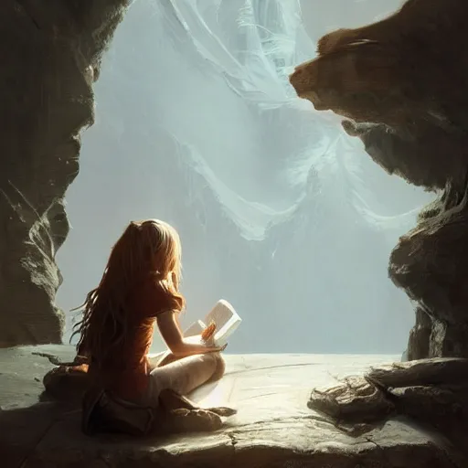 Prompt: a girl reading a book, her hair flowing down, extremely high detail, photo realistic, cinematic, post processed, concept art, artstation, matte painting, style by raphael lacoste, eddie mendoza