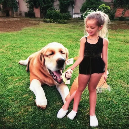 Image similar to a beautiful girl playing with you her giant dog