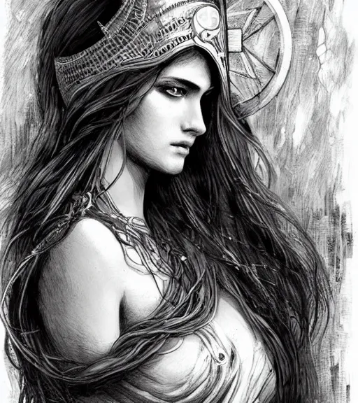 Image similar to beautiful aphrodite goddess wearing an arrow on her head, realistic face, beautiful eyes, black and white drawing, in the style of greg rutkowski, fantasy, amazing detail, epic, intricate, elegant, smooth, sharp focus