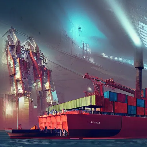 Image similar to photo of Immense industrial futuristic cargo ship arrives at cyber punk city sea port, cinematic lighting, photo