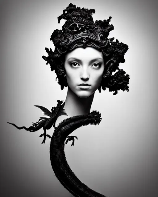 Image similar to dark background, a black and white high quality dreamy photo of a young beautiful female queen-dragon-vegetal-cyborg bust with a very long neck and delicate Mandelbrot fractal face, elegant, highly detailed, flesh highly baroque ornate, hair are curled wired cables, elegant, poetic, soft, dreamy, mysterious, high fashion, rim light, in the style of Ellen von Unwerth, Realistic, Refined, Digital Art, Highly Detailed, Cinematic Lighting, rim light, black and white, photo-realistic, 8K