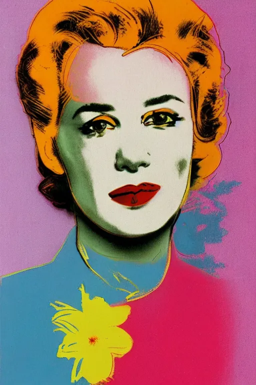 Prompt: andy warhol colorful portrait, bloom flowers, modern, eclectic, illustration, by ramon casas