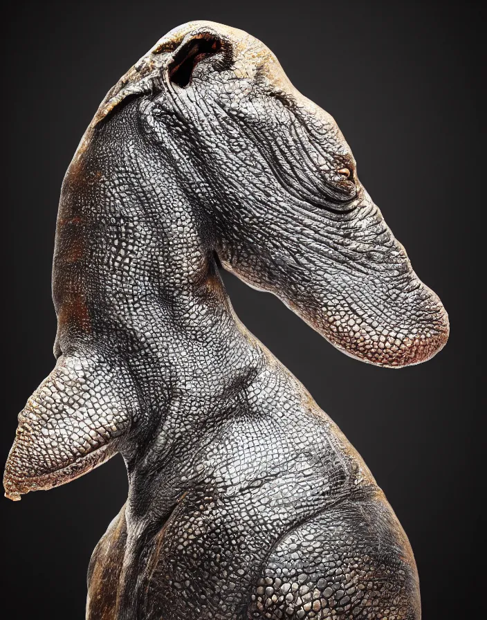 Image similar to portrait on black background of muscular animal human merged head dolphin skin, scales, merged with monkey head, hippo face morphed, gills, horse head animal merge, morphing dog head, merging crocodile head, anthropomorphic creature