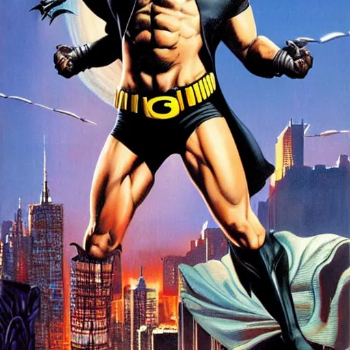 Image similar to young jeff goldblum as bruce wayne, muscular, batman t shirt, movie poster, joe jusko, boris vallejo