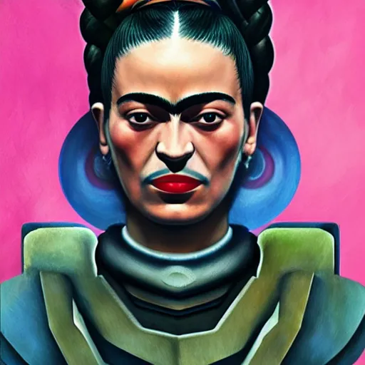 Prompt: a beautiful portrait of a space bounty hunter by frida kahlo trending on artstation