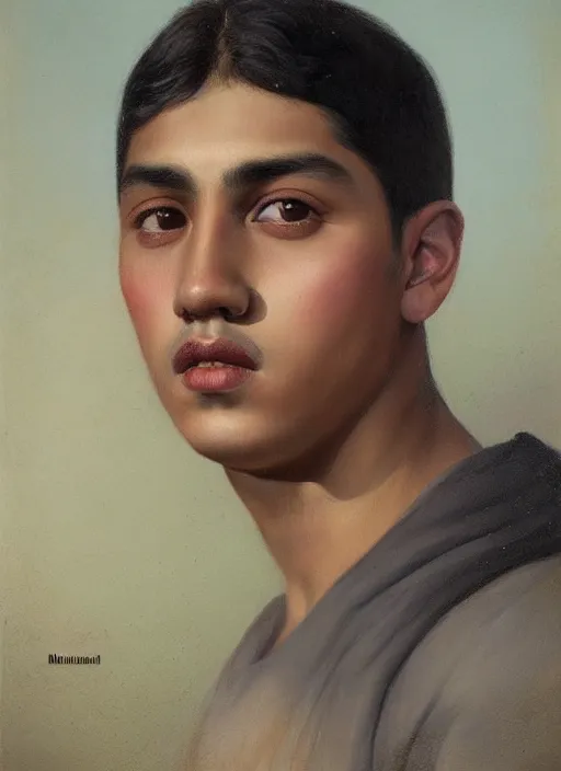 Image similar to portrait of a handsome mexican boy in old jalisco, painting by manuel sanjulian and tom bagshaw, oil on canvas, hyperrealism