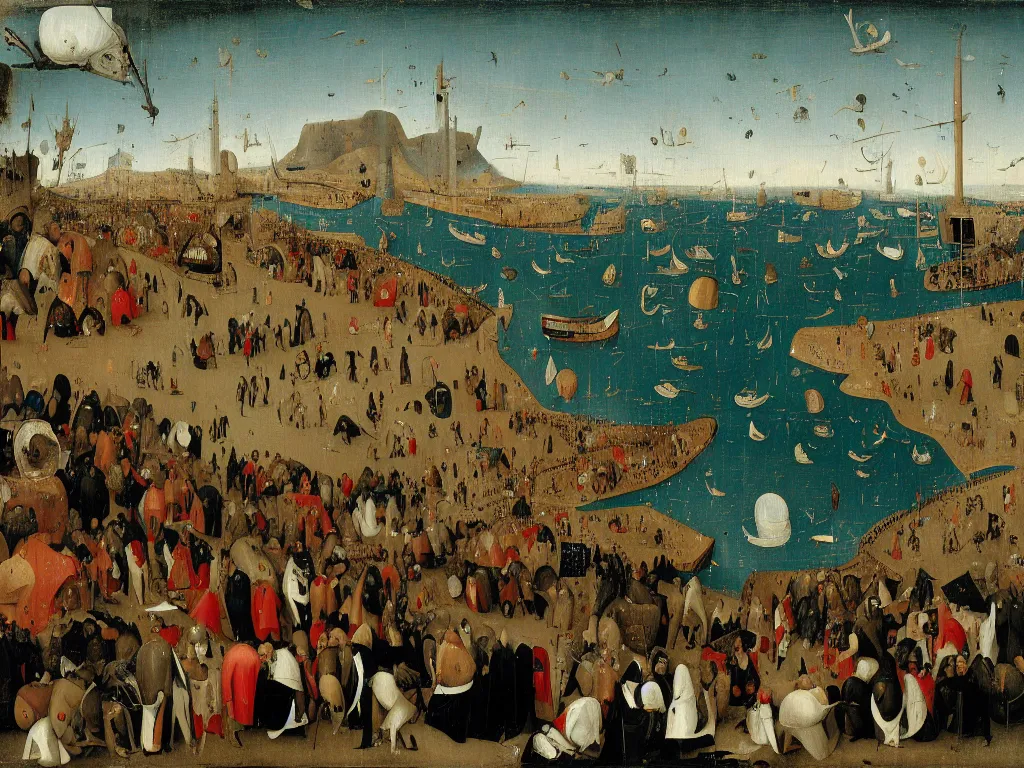 Prompt: lorries stuck in a queue at dover by hieronymus bosch, 4 k