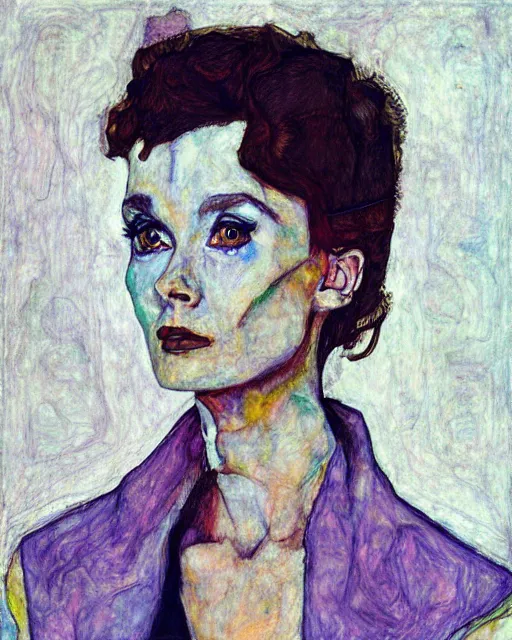 Image similar to portrait of cyberpunk audrey hepburn by egon schiele in the style of greg rutkowski