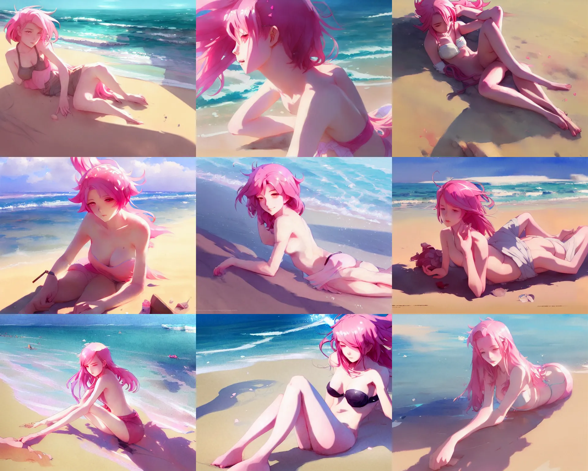 Prompt: a girl with pink hair laying on the beach, a beautiful half body illustration, top lighting, perfect shadow, soft painting, reduce saturation, leaning towards watercolor, art by hidari and krenz cushart and wenjun lin