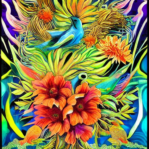 Prompt: landscape painting of strange bird creatures and exotic flowers with psychedelic patterns by bruno novelli