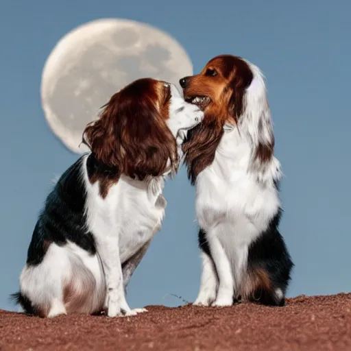 Image similar to two kooikerhondje kissing wearing an astronaut suit in the moon