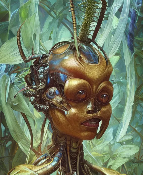 Image similar to portrait of an alien insect creature, adorable, childlike, overgrown environment, ultra realistic, concept art, psychedelic, photorealistic, octane render, 8 k, unreal engine. art by christopher marley and artgerm and greg rutkowski and alphonse mucha