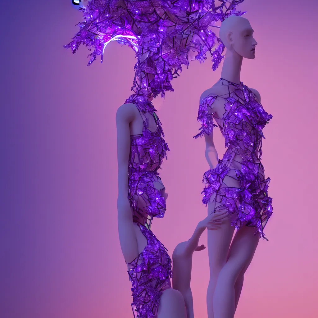 Image similar to beautiful mannequin sculpted out of amethyst by billelis + lit with 3 d geometric neon + facing a doorway opening with neon pink geometric fractal light + flowering hosta plants!!!, moon in background!, rule of thirds, clean linework, dramatic, award winning, 4 k, trending on artstation, photorealistic, volumetric lighting, octane render