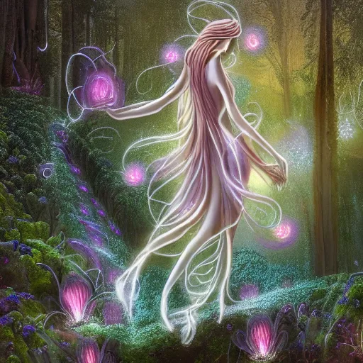 Image similar to glowing delicate flower and mushrooms that grow in a dark fatansy forest on the planet Pandora, an idealistic marble statue with fractal flowery hair in a fractal garden, symmetrical,