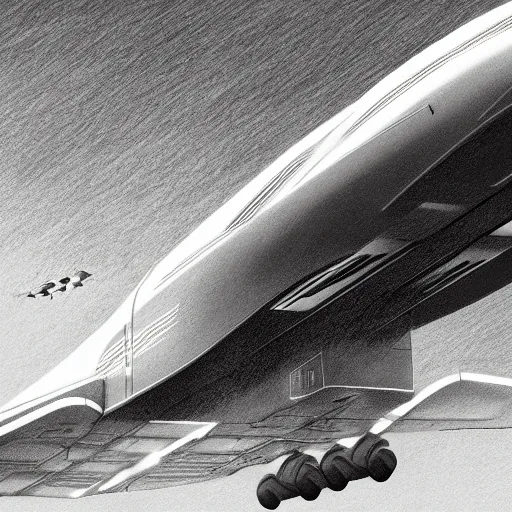 Image similar to close up of space x starship landing at heathrow airport with planes flying around, pencil sketch, realistic shaded, fine details, realistic shaded lighting poster by greg rutkowski
