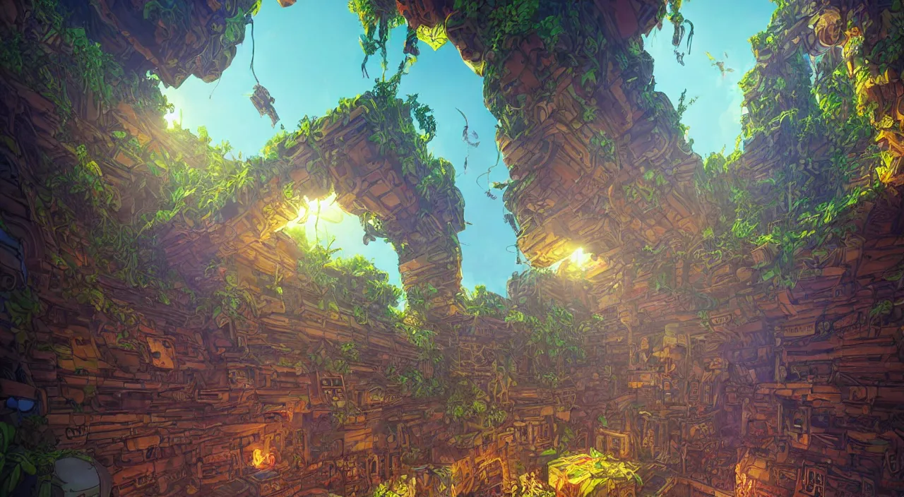 Image similar to open door wood wall fortress airship greeble block amazon jungle on portal unknow world ambiant fornite colorful radiating a glowing aura global illumination ray tracing hdr that looks like it is from borderlands and by feng zhu and loish and laurie greasley, victo ngai, andreas rocha, john harris