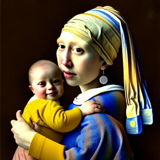 Image similar to pure love is patient love is kind, mother and child ; photorealistic oil painting by johannes vermeer ; highly detailed cute faces by wlop ; trending on artstation ; 8 k high resolution, symmetrical, cinematic, high coherence, golden ratio, rule of thirds, perfectly centered ; anatomically correct faces