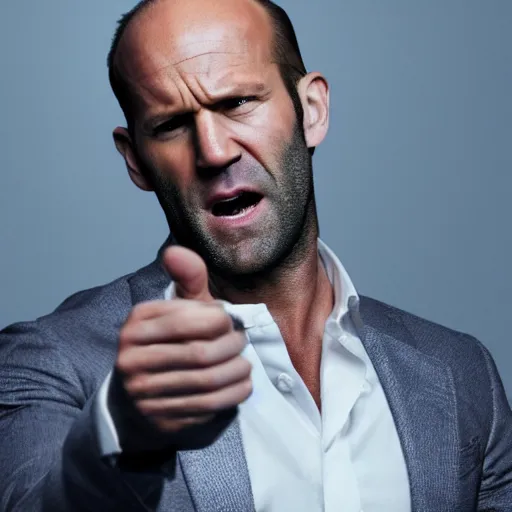 Prompt: ultra realistic professional photo of Jason Statham yelling at a lemon