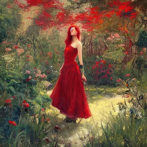 Image similar to a beautiful red haired woman in a garden, beautiful painting by greg rutkowski and magali villanueve