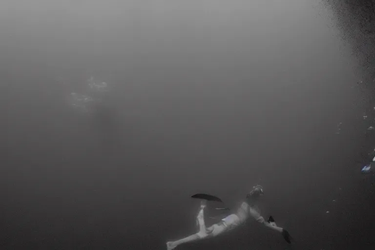 Prompt: a ominous diver swimming underwater, photo-realistic, dark, smog, creepy, vast, shot by a camera,