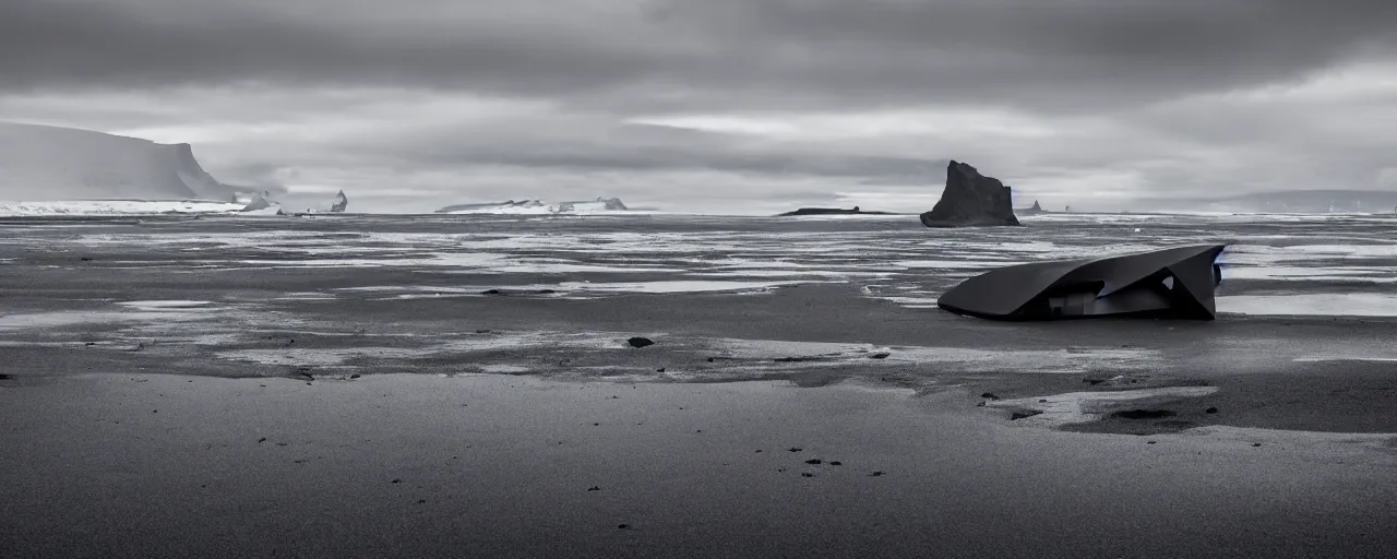 Image similar to cinematic shot of giant symmetrical futuristic military spacecraft in the middle of an endless black sand beach in iceland with icebergs in the distance,, 2 8 mm