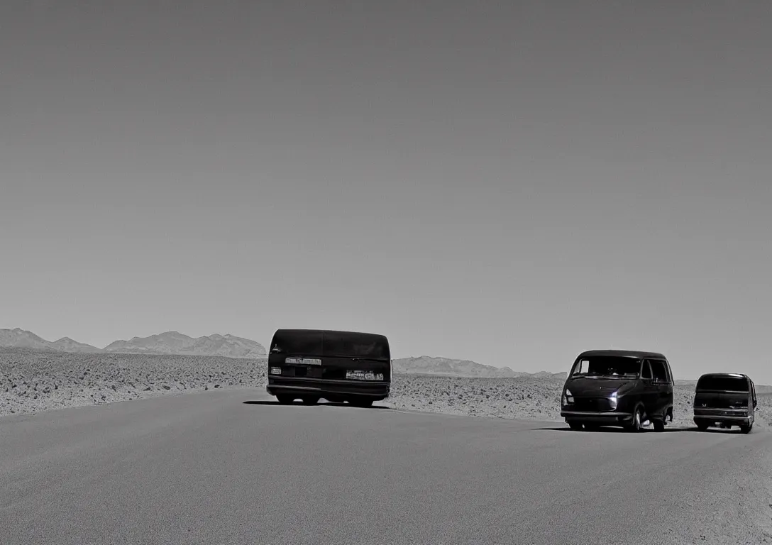 Image similar to a black and white picture of a van driving into the distance on a desert highway, by Joe Jusko