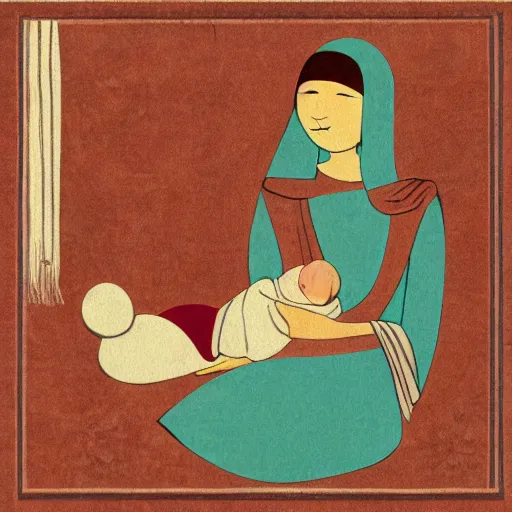 Prompt: midcentury modern illustration of 80 year old sentimental Mediterranean skinned woman in ancient Canaanite clothing holding a newborn baby, crying, awe, love, ancient interior tent background