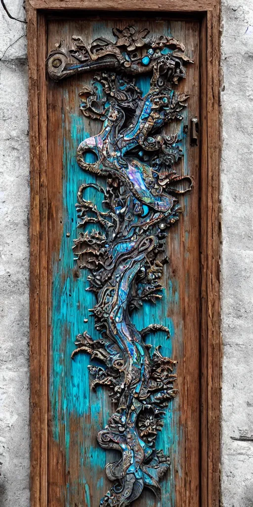 Prompt: https://s.mj.run/lcNw6KWjbsI Full old weathered wooden Door with a high relief carving of Fractal Marble and Opal Geode and Obisidian+Flowerpunk, cyberpunk, Dragonhead, twisted oak tree, jewels + Dark-blue light-blue black gold light-brown opal white + Ultra realistic, intricate detail, contrast, wet, kintsugi, rococo, baroque, 24mm lens + by Alphonse Mucha, Roger Deakins, Moebius, Mohrbacher