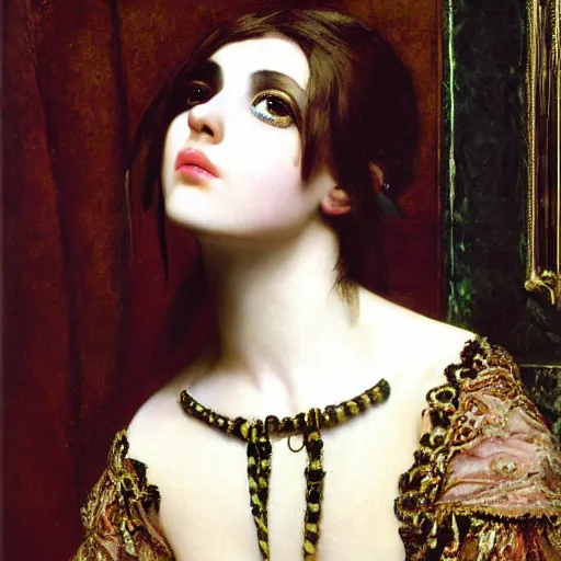 Image similar to Goth girl by Mario Testino, oil painting by Lawrence Alma-Tadema, masterpiece