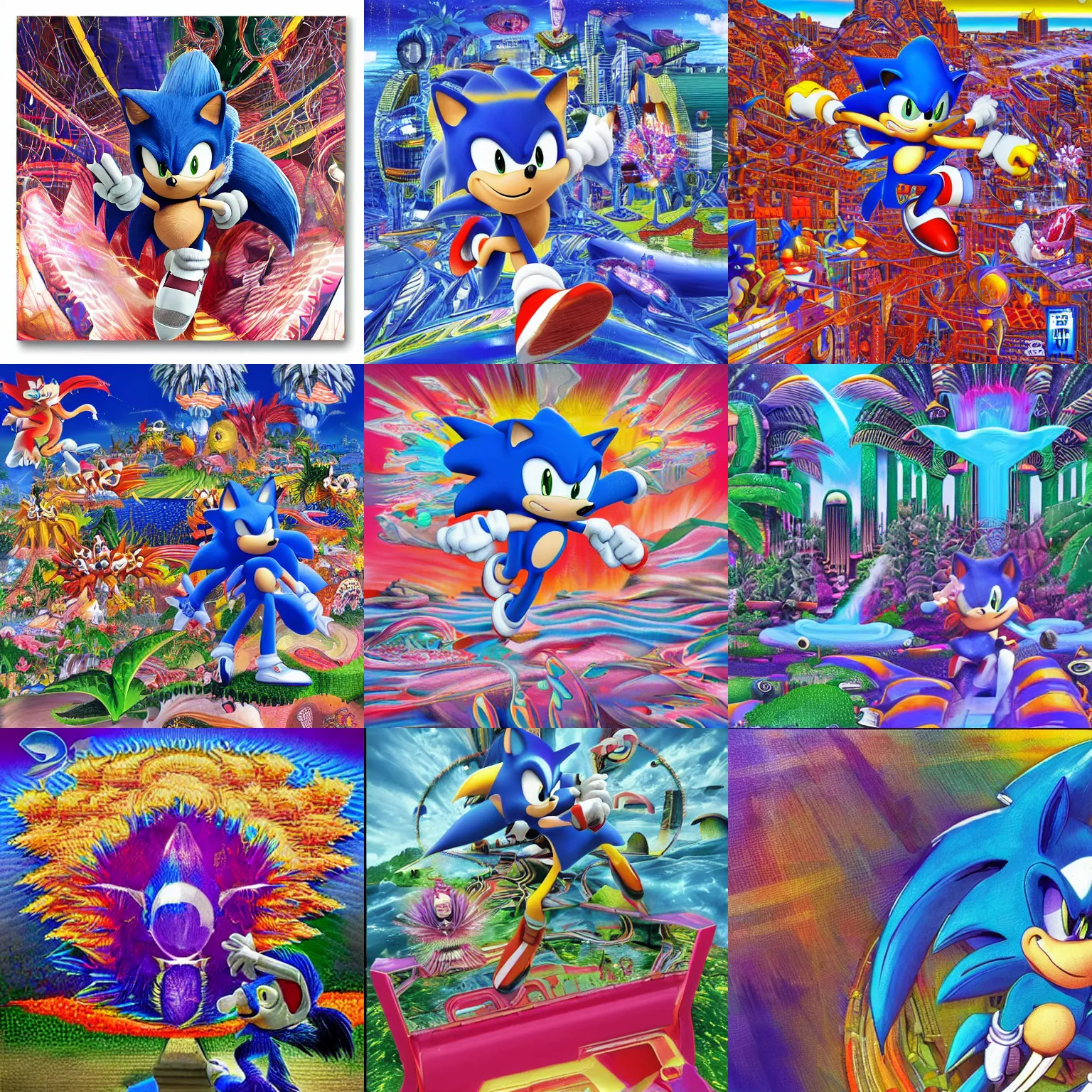 Prompt: sonic the hedgehog in a surreal, softa, detailed professional, high quality airbrush art mgmt shpongle album cover of a chrome dissolving LSD DMT blue sonic the hedgehog surfing through vaporwave cyberspace, checkerboard horizon , 1990s 1992 Sega Genesis video game album cover