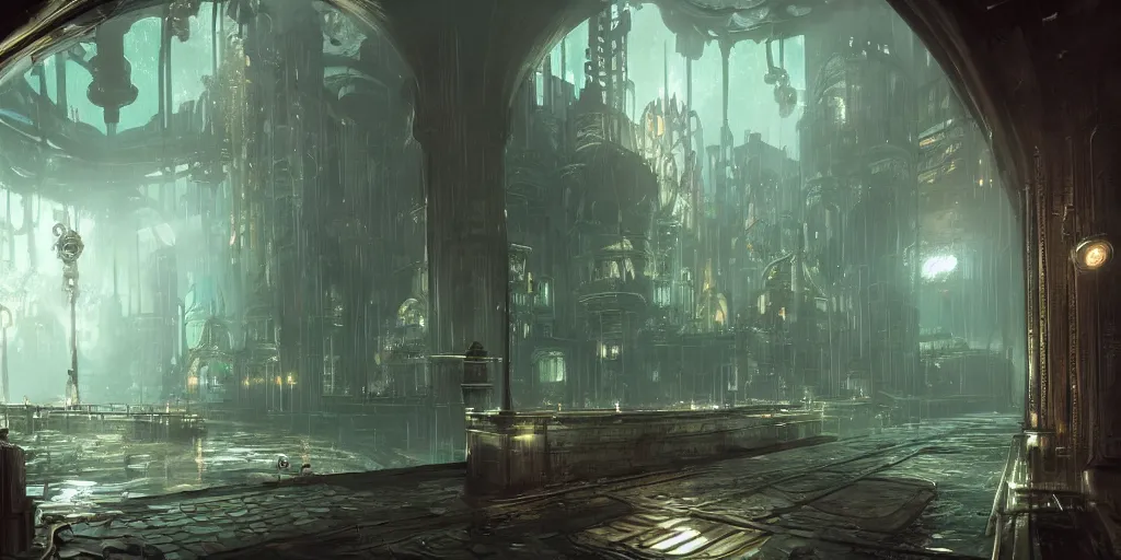 Image similar to an environmental concept art of bioshock, interior, highly detailed, large windows look out onto an underwater city, wet, environmental light, cinematic by francis tneh