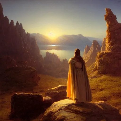 Image similar to an ultradetailed matte landscape painting of a large mountain made into a sculpture of a woman, sunrise on the horizon in the background, stone hand raised up, 8 k, art by greg rutkowski and albert bierstadt