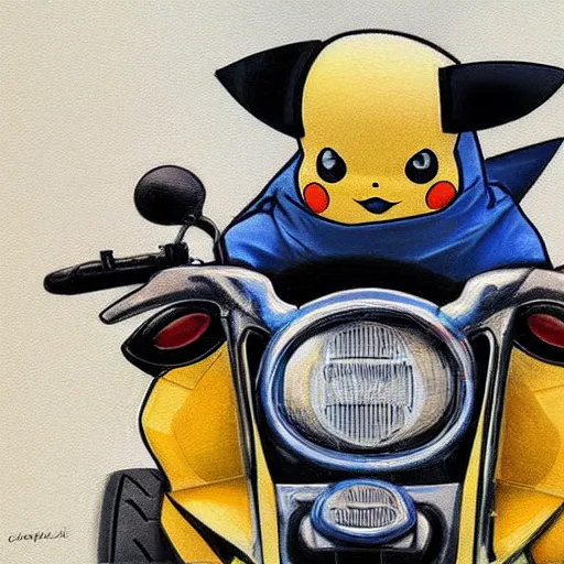 Image similar to pikachu, motorcycle, pikachu riding motorcycle, nestor canavarro hyperrealist art style, sharp brushstrokes