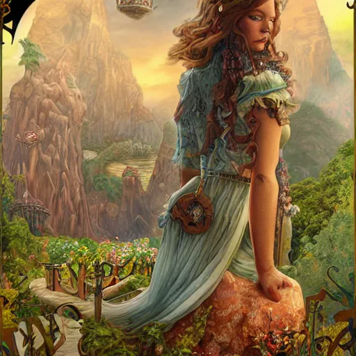 Image similar to realistic detailed view of neverland by emilia dziubak, will terry, greg olsen, chris mars, ann long, and mark brooks, fairytale, female, feminine, art nouveau, illustration, character concept design, storybook layout, story board format