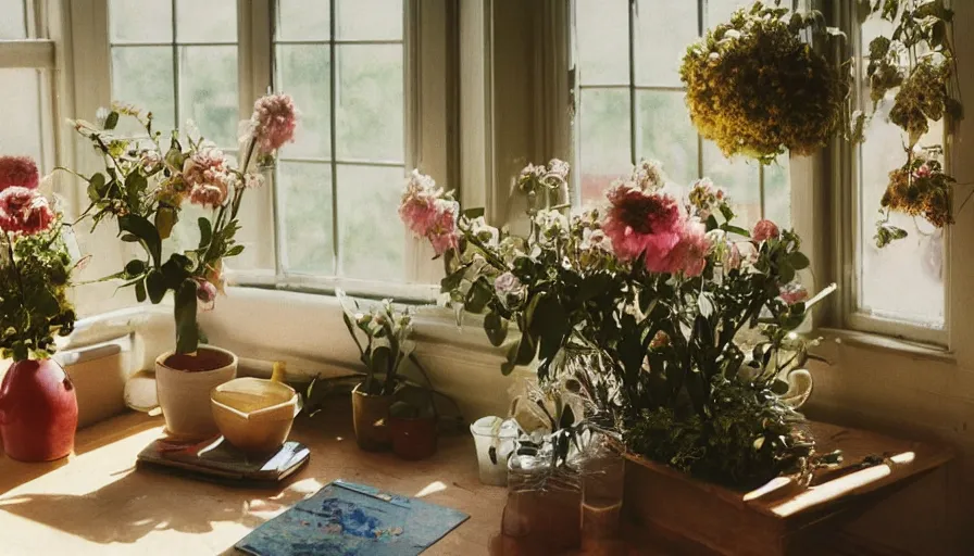 Image similar to 1 9 9 0 s candid 3 5 mm photo of a beautiful day in the a dreamy flowery cottage, cinematic lighting, cinematic look, golden hour, a desk for flower arrangements has sun shinning on it through a window, uhd